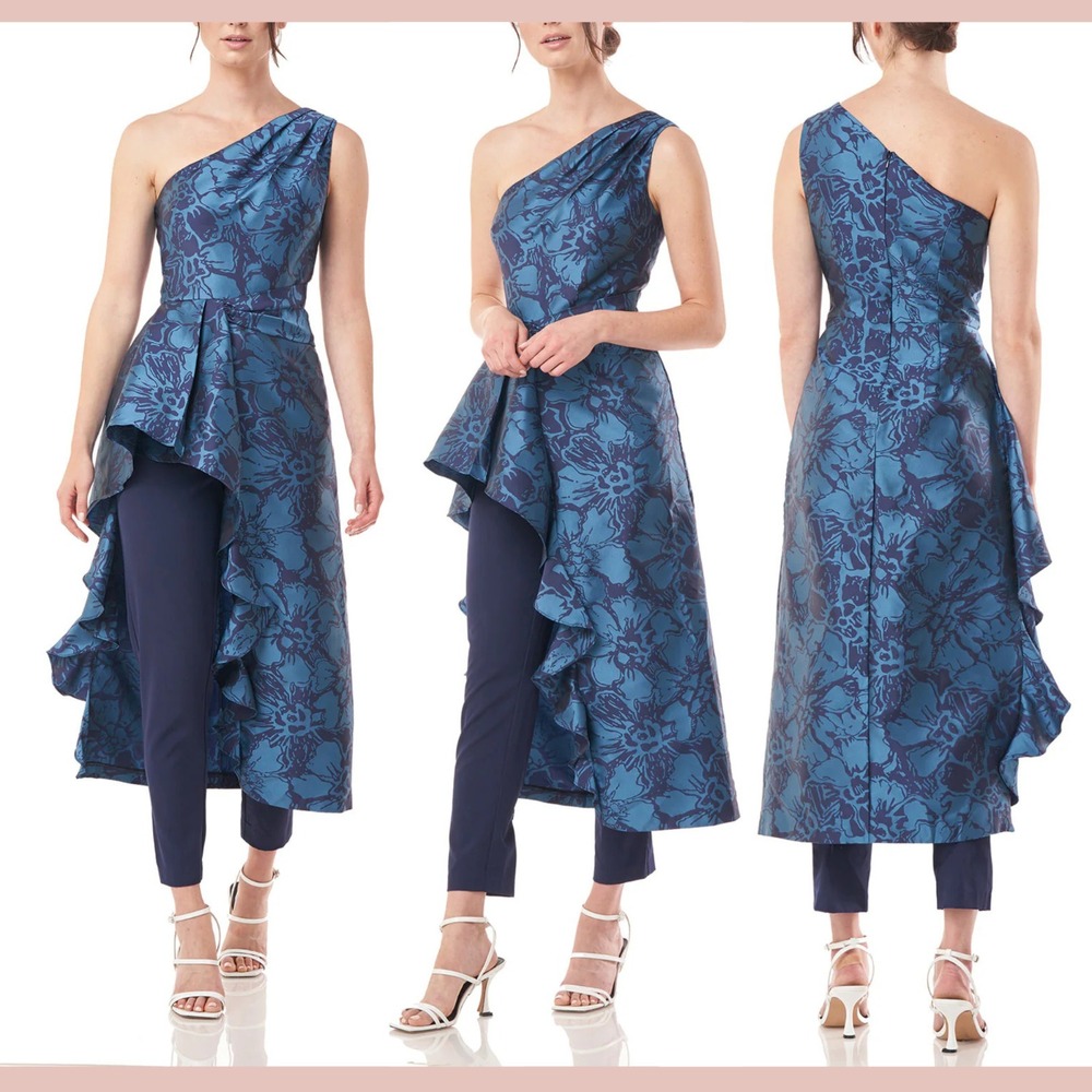 NWT$368 Kay Unger [ 6 ] One Shoulder Ginger Walk Thru Jumpsuit Baltic Blue J2234